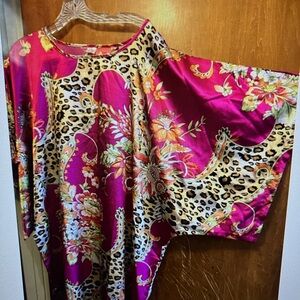 Vibrant Floral and Leopard Print RK Silk Kaftan OS